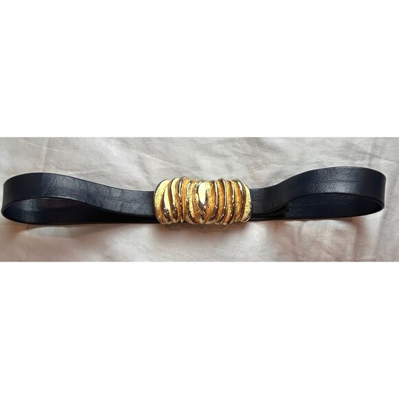 Vintage Dotty Smith Gold Tone Large Buckle Feathered Etched Blue Leather Belt main image 4